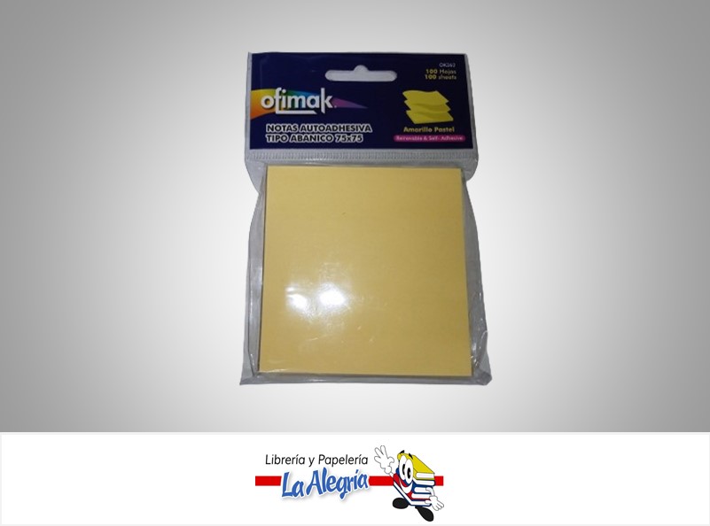 NOTAS AUTOADHESIVA OK262; 75X75MM 100 HOJAS AMARILLO PASTEL ABANICO MARCA OFIMAK