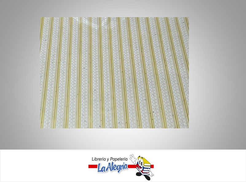 PAPEL CELOFAN 70 CM TRANSPARENTE RAYAS BLANCA Y ORO X METRO MARCA O.K.