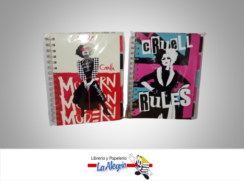 LIBRETA ESPIRAL 5 MATERIAS CRUELLA 17-10054 TAPA DURA MARCA ROSY