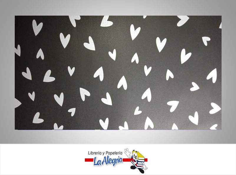 PAPEL DE REGALO CORAZONES 66X46 CM PLATA/NEGRO UND MARCA PAPURRI