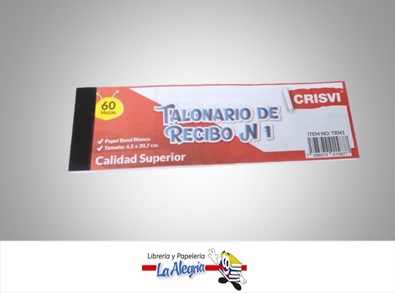 TALONARIO RECIBO N1 6.5X20.7 CM 60 HOJAS MARCA CRISVI