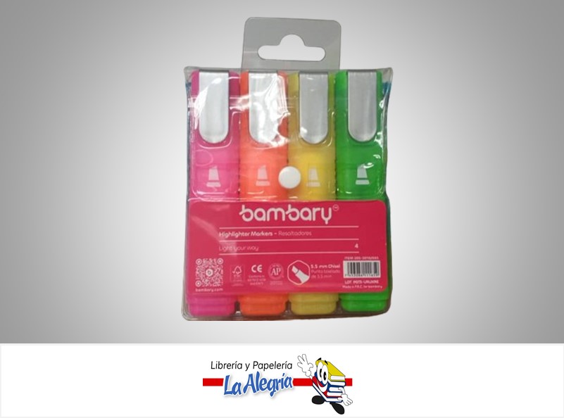 RESALTADOR BISELADO 205-3010/003 PAQ 4 COLORES NEON MARCA BAMBARY