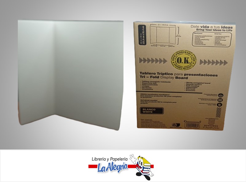 TRIPTICO PARA EXPOSICIONES ESCOLARES EN CARTON CORRUGADO TRI-FOLD 102X71CM BLANCO UND MARCA O.K.