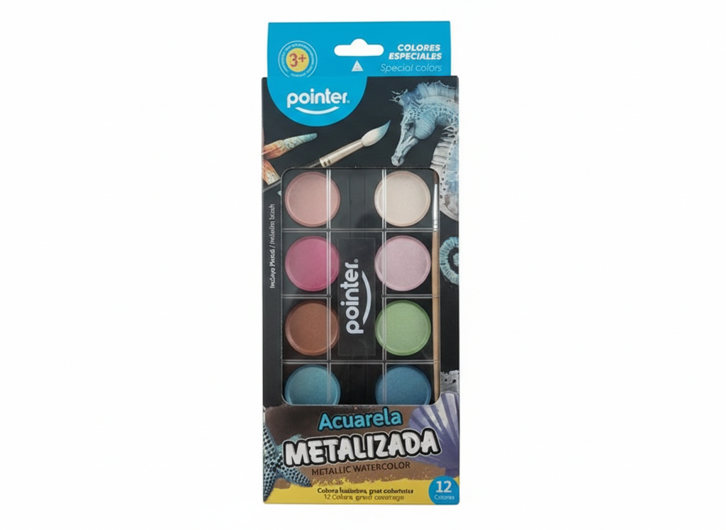 ACUARELA 12 COLORES METALIZADOS CON PINCEL MARCA POINTER