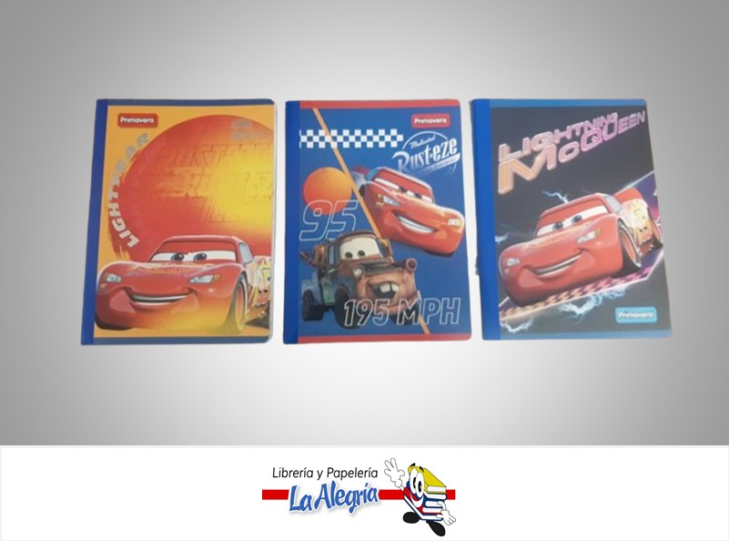 LIBRETA COSIDA CARS 100 HOJAS CUADROS CON STICKERS MARCA PRIMAVERA