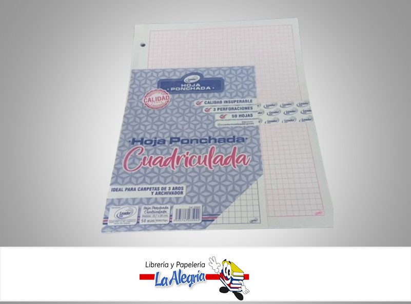 HOJA PONCHADA 1 LINEA 80 HOJAS CUADRICULADO ROSADO MARCA LEADER PRINT