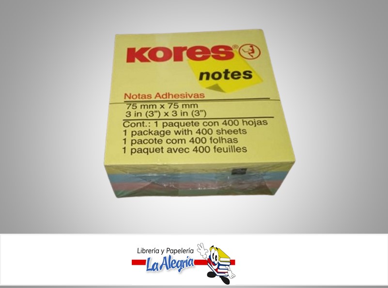 NOTAS AUTOADHESIVA 75MMX75MM PAQ. 400 HOJAS PASTELES MARCA KORES