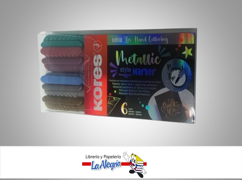 MARCADOR PERMANENTE METALICO PUNTA PINCEL PAQ 6 UND MARCA KORES