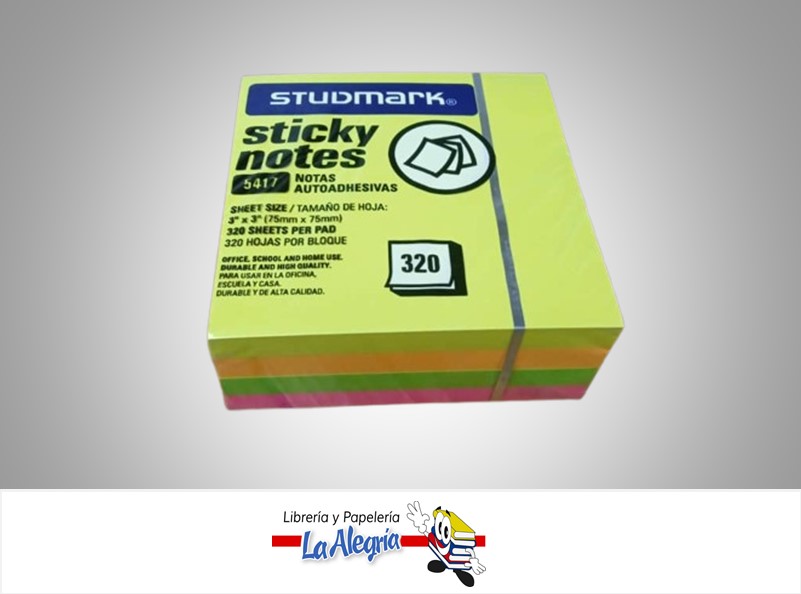 NOTAS ADHESIVAS 75X75MM NEON 320 HOJAS MARCA STUDMARK