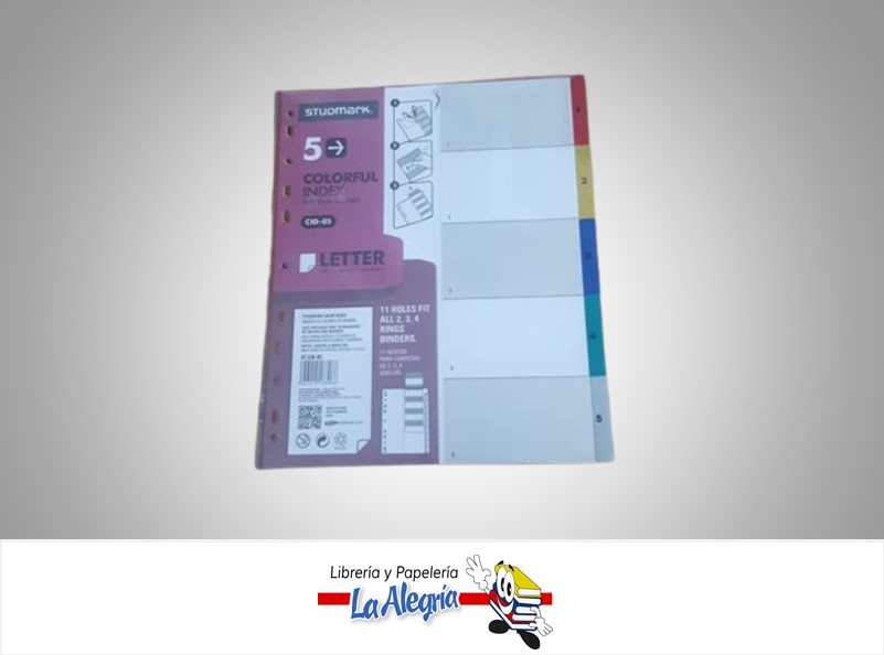 SEPARADORES PLASTICOS CARTA 5 DIVISIONES CON BOLSA SET MARCA STUDMARK