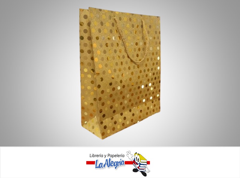 BOLSA DE REGALO ESCARCHADA LUNARES DORADOS 32X26X10 CM UND MARCA S/M