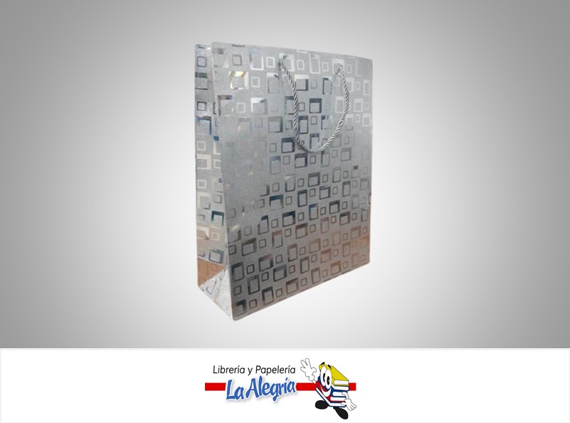 BOLSA DE REGALO ESCARCHADA CUADROS PLATEADOS 32X26X10 CM  UND MARCA S/M