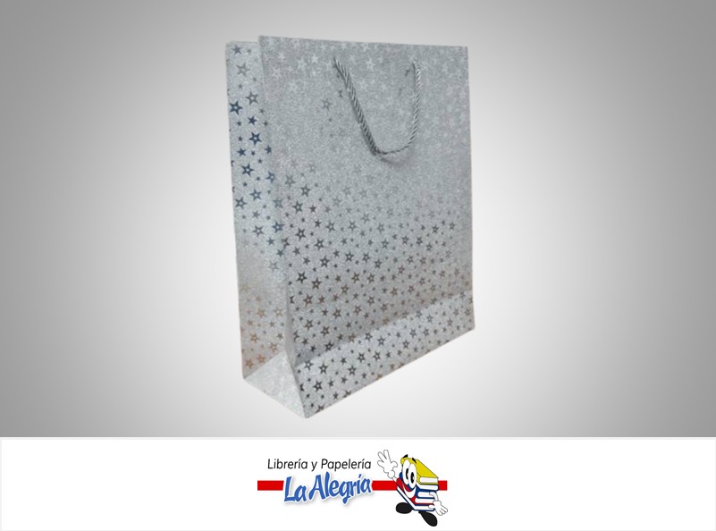 BOLSA DE REGALO ESCARCHADA ESTRELLAS PLATEADAS 32X26X10 CM  UND MARCA S/M