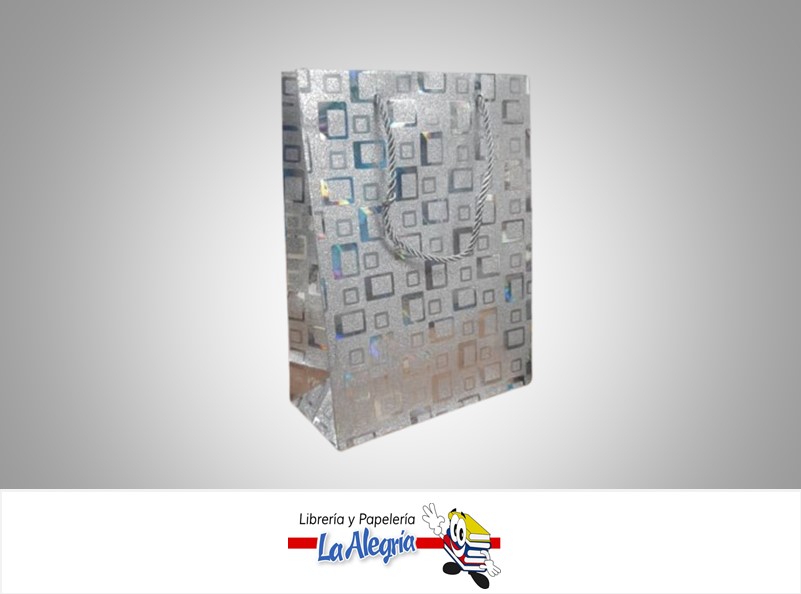 BOLSA DE REGALO ESCARCHADA CUADROS PLATEADOS 24x18x8CM UND MARCA S/M