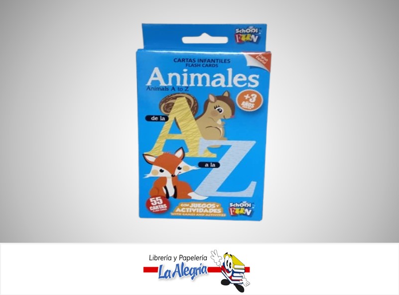 CARTA DE CARTON INFANTILES ANIMALES DE LA A A LA Z CL-101 PAQ 55 CARTAS MARCA SCHOOL FUN