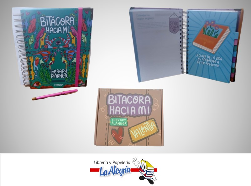 AGENDA BITACORA ORGANIZADORA THERAPY CON STICKERS Y BOLIGRAFO VERDE MARCA TRABAJANDO TU MENTE