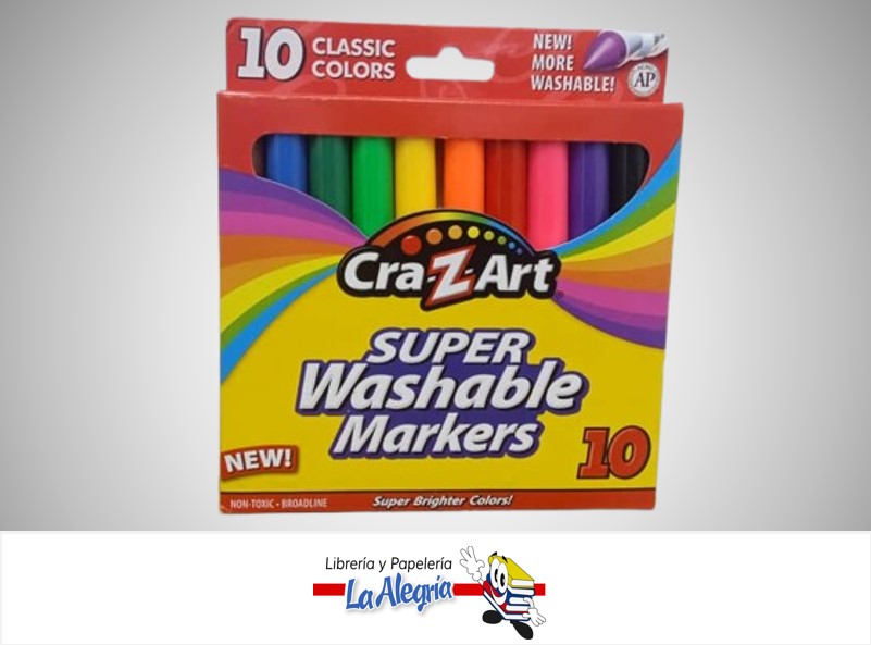 MARCADOR LAVABLE PUNTA FINA 10 COLORES MARCA CRA-Z-ART