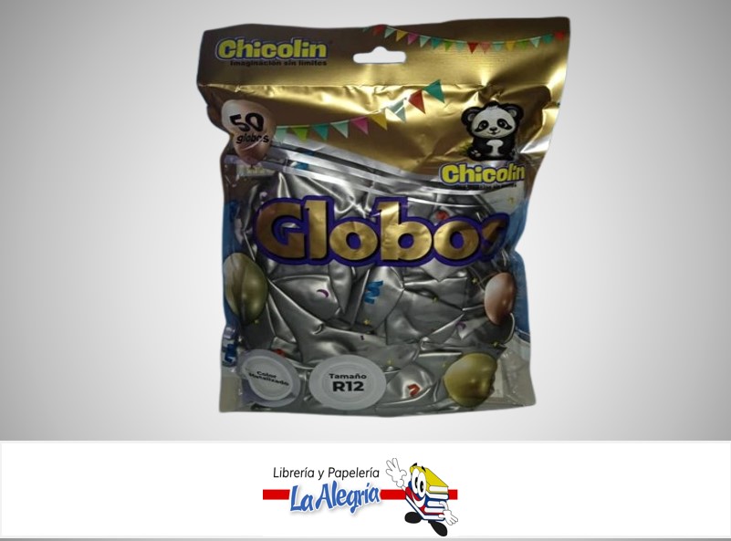 GLOBO R12" LATEX METALIZADO PLATA PAQ DE 50 UND  MARCA CHICOLIN