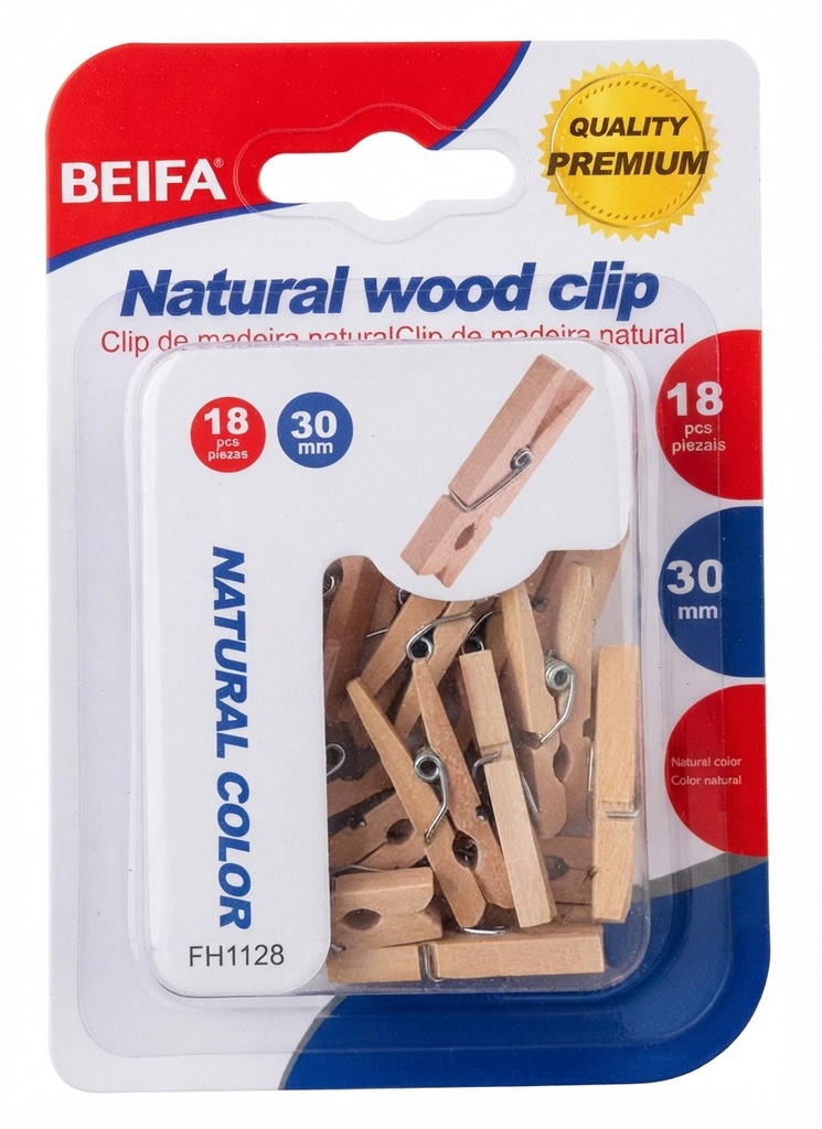 PINZA MINI MADERA 30MM 18 PZAS. COLOR NATURAL REF: FH1128 MARCA BEIFA