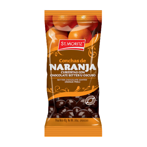 CONCHAS DE NARANJA CUBIERTAS CON CHOCOLATE BITTER 40GR MARCA ST MORITZ