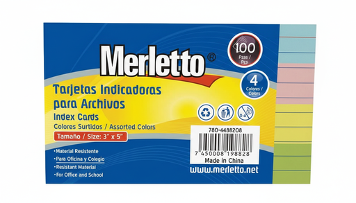 [7450008198828] FICHA RAYADA 3X5 4 COLORES PAQ 100 UND MARCA MERLETTO