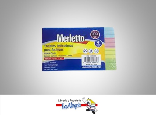[7450008198828] FICHA RAYADA 3X5 4 COLORES PAQ 100 UND MARCA MERLETTO