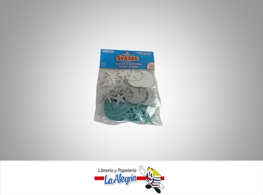 [7591213024912] FIGURA DE  FOAMI ADHESIVA LUNAS Y ESTRELLAS ESCARCHA 60 PZAS MARCA SYSABE