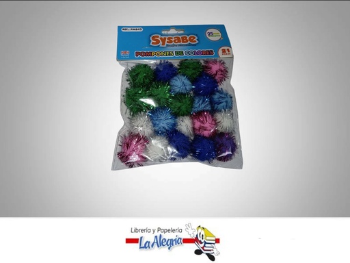 [7591213024967] POMPONES DE 25 MM COLORES VARIOS PACK 21 PZAS PM842 MARCA SYSABE