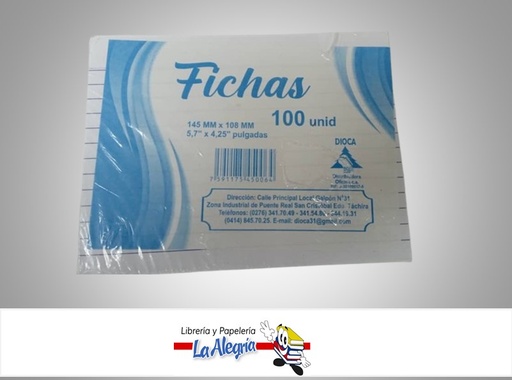 [6583126857542] FICHA RAYADA 4,25X5,7CM PAQ 100 UND MARCA DIOCA
