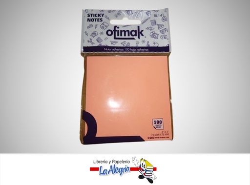 [6937544331410] NOTAS AUTOADHESIVA 75X75MM 100 HOJAS ROSADAS NEON MARCA OFIMAK