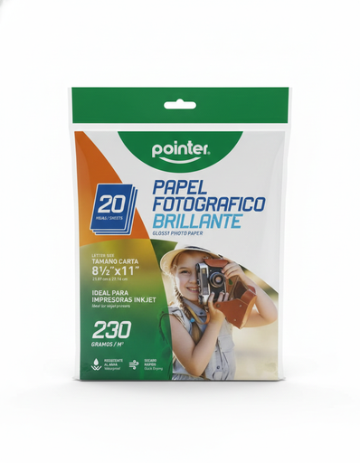 [7453010047818] PAPEL FOTOGRAFICO 21.59X27.94CM 230 GR 20 HOJAS REF PP-1201-230 MARCA POINTER