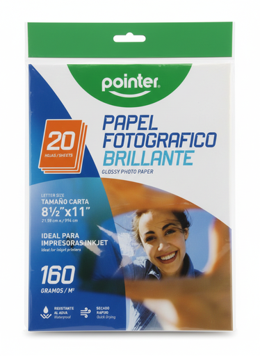 [7453010083656] PAPEL FOTOGRAFICO PP1201160; 21.59X27.94CM 160 GR 20 HOJAS MARCA POINTER