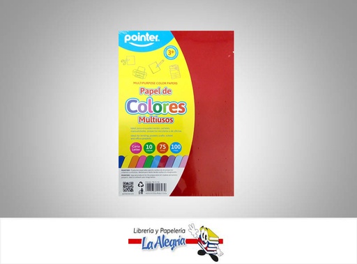 [7453038457279] PAPEL DE COLOR SURTIDO PB-10-100 CARTA PAQ. 100 HOJAS 75G/M2 MARCA POINTER
