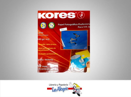 [7590033007785] PAPEL FOTOGRAFICO 50 HOJAS 180G  CARTA MARCA KORES