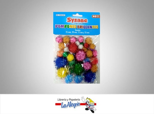 [7591213021478] POMPOM SURTIDO BRILLANTE COLORES 40UND MARCA SYSABE   