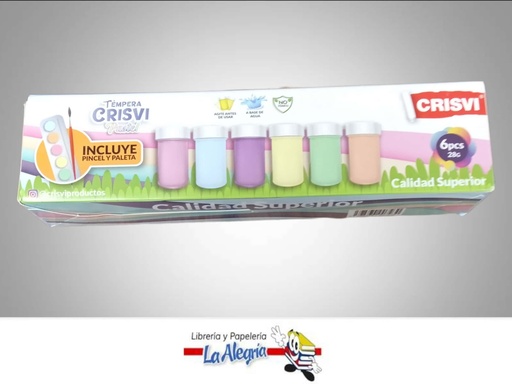 [7598874007230] TEMPERA ESCOLAR PASTEL CON PALETA Y PINCEL 6 COLORES MARCA CRISVI