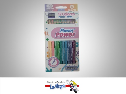 [7707406358157] LAPICES DE COLORES PASTEL 12 UND FLOWER POWER MARCA PRIMAVERA