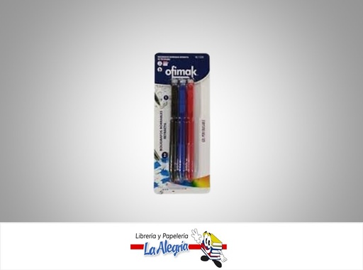 [785571628449] BOLIGRAFO BORRABLE GEL BL123K 1.0MM NEG/AZU/ROJ MARCA OFIMAK