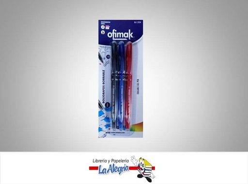 [798118999773] BOLIGRAFO BORRABLE BL120K SET DE 3 COLORES GEL MARCA OFIMAK