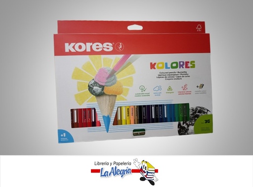 [9023800933362] LAPICES DE COLORES TRIANGULARES 36 COLORES TRIANGULARES CON SACAPUNTA MARCA KORES