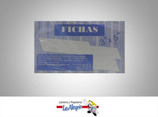 [F3X5] FICHA RAYADA 3X5 PAQ 100 UND MARCA S/M   