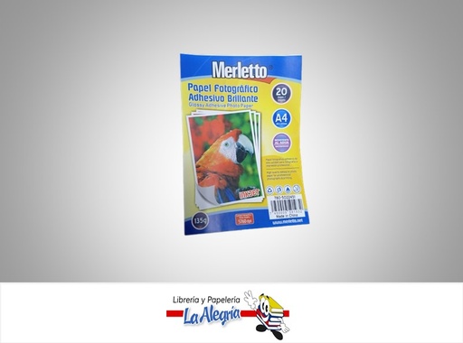 [7450009591932] PAPEL FOTOGRAFICO 135G 21X29.7CM PAQUETE DE 20 HOJAS MARCA MERLETTO