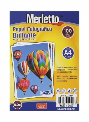 [7450009591963] PAPEL FOTOGRAFICO 180G 21X29.7CM PAQUETE DE 100 HOJAS MARCA MERLETTO