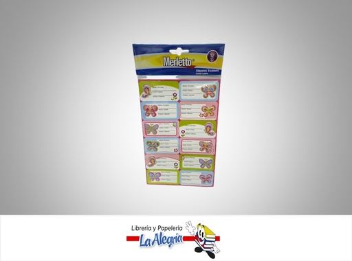 [7450008117034] ETIQUETAS ESCOLARES ADHESIVAS RELIEVES DE MARIPOSAS/FLORES PAQUETE DE 12 UND MARCA MERLETTO