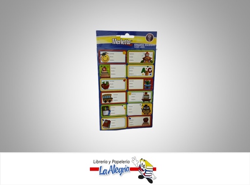[7450008485737] ETIQUETAS ESCOLARES ADHESIVAS VARIADOS PAQUETE DE 12 UND MARCA MERLETTO
