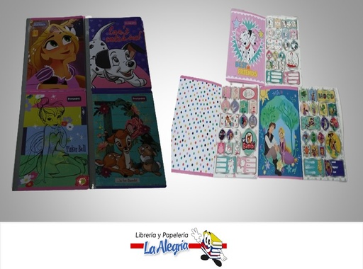 [7707463697145] LIBRETA COSIDA DISNEY NIÑA 100HOJAS CUADRICULADO CON STICKERS MARCA PRIMAVERA