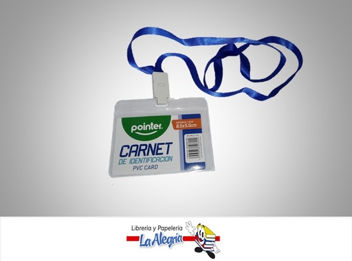 [7453078506029] PORTA CARNET TRANSPARENTE HORIZONTAL + CINTA COLGANTE AZUL 8.5X5.5 CM UND MARCA POINTER