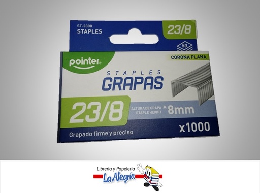 [7453010077136] GRAPA LISA CORONA PLANA 23/8 8MM 1000 UND MARCA POINTER
