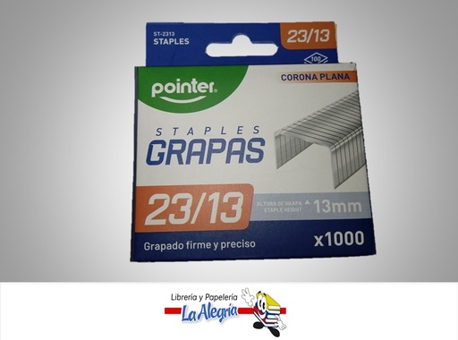 [7453038430234] GRAPA LISA CORONA PLANA 23/13 13MM 1000 UND MARCA POINTER