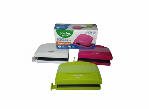 [7453078528038] PERFORADORA ERGONOMICA 2 HUECOS 12 HOJAS 3 COLORES  REF PU-1601; MARCA POINTER
